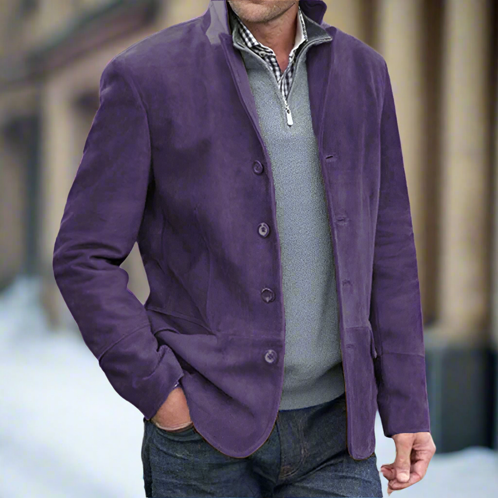 Men’s Suede Jacket – Tailored Fit – Notch Lapel – Button Closure – Hip Length