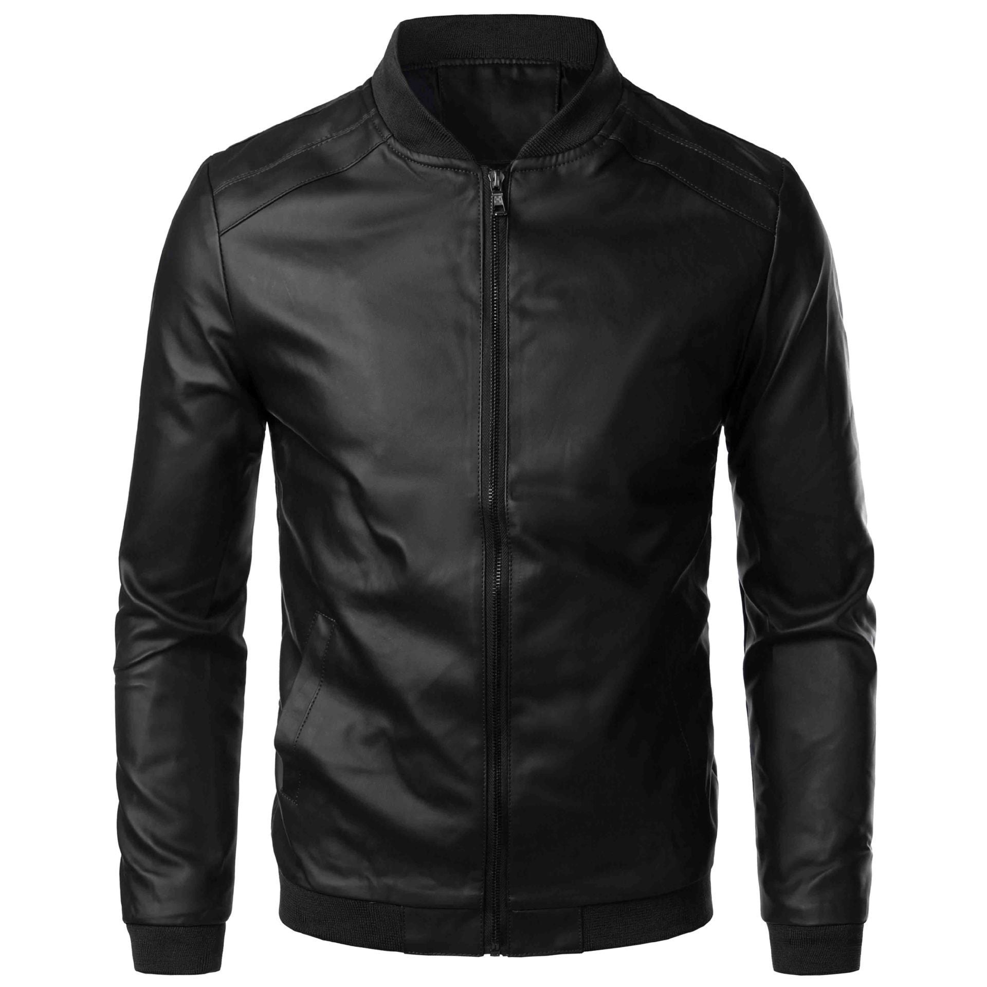Men’s Leather Jacket – Slim Fit – Stand Collar – Zipper Front – Ribbed Cuffs and Hem