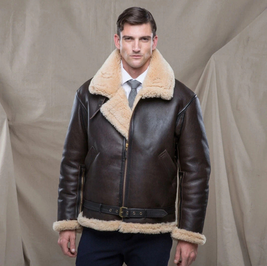 Men’s Leather Jacket – Structured Fit – Fur-Lined Collar – Zip Front – Waist Belt