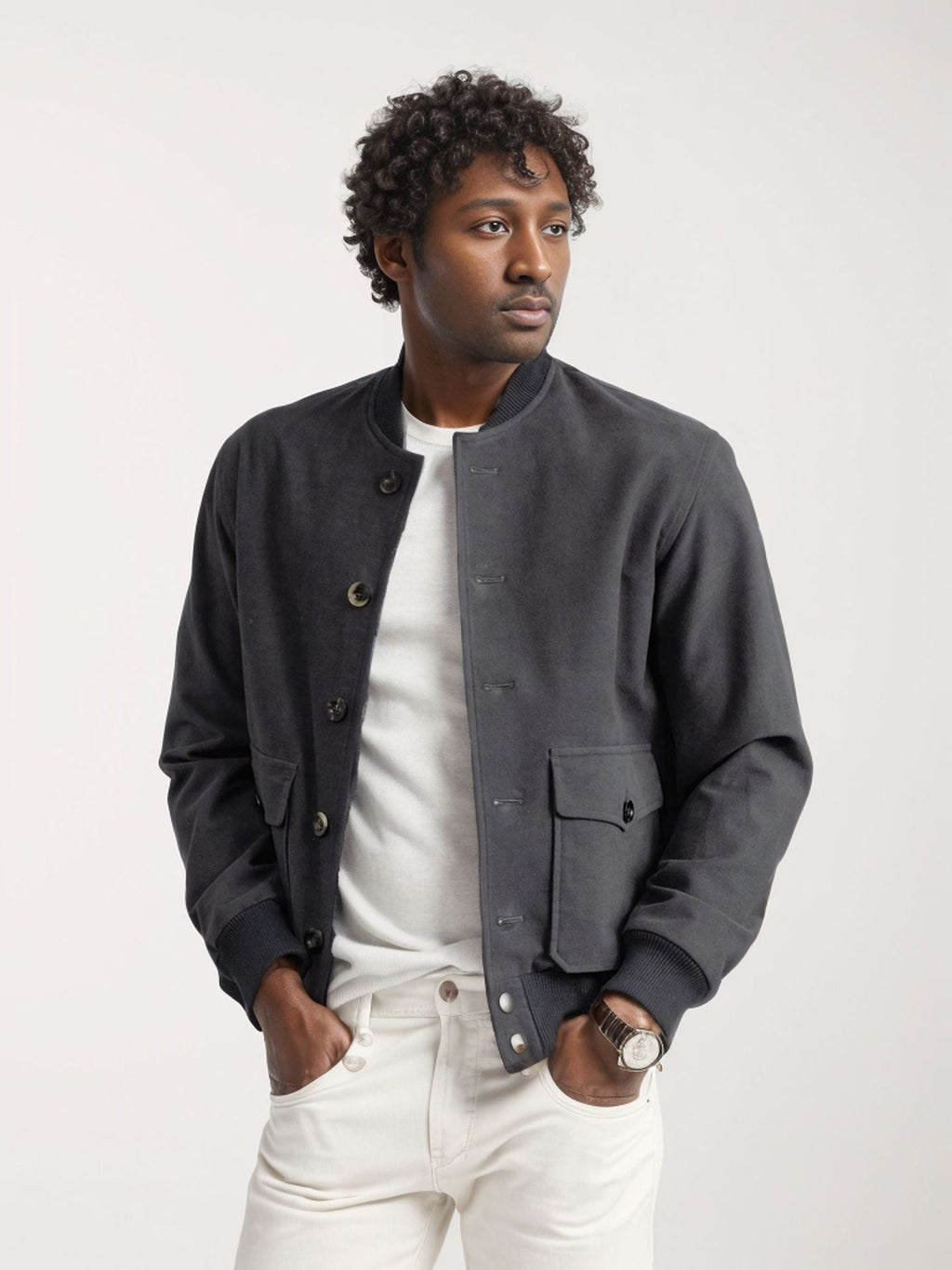 Men’s Jacket – Wool – Structured Fit – Button Down – Ribbed Trim – Hip Length