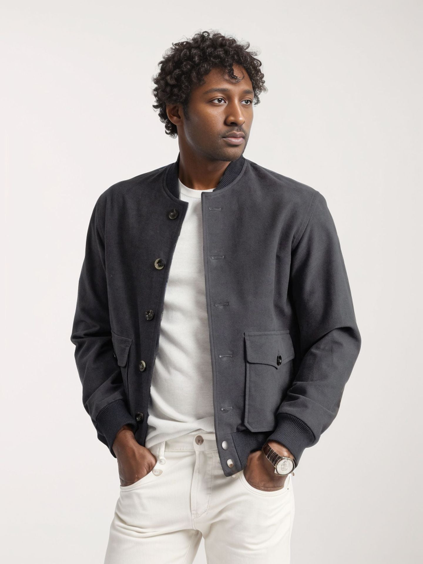 Men’s Jacket – Wool – Structured Fit – Button Down – Ribbed Trim – Hip Length
