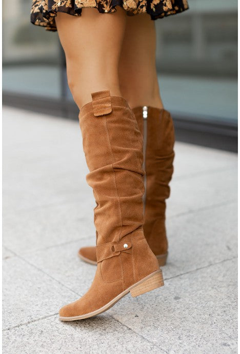 Women’s Knee High Boots – Sleek Suede – Form-Fitting – Side Zip – Rounded Toe