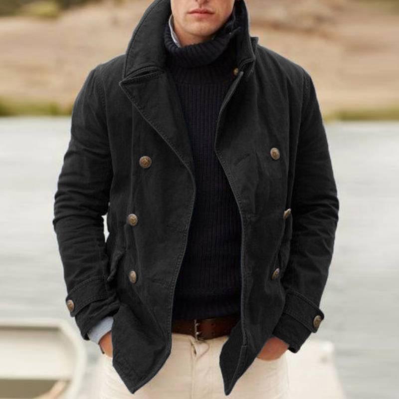 Men’s Double-Breasted Jacket –  Structured Fit – High Collar – Side Pockets