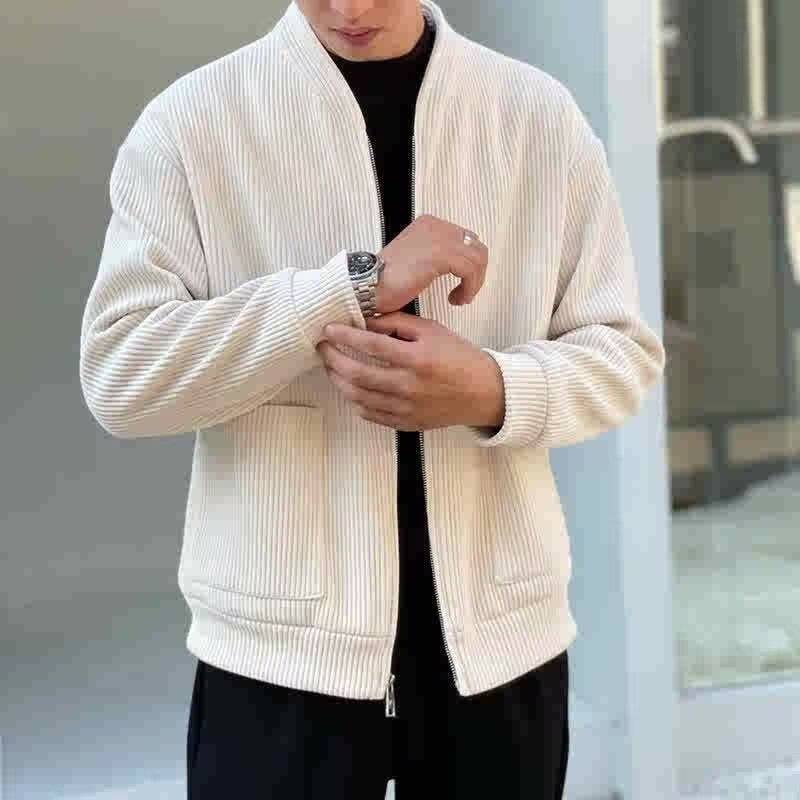 Men’s Corduroy Jacket – Relaxed Fit – V-Neck Zip Front – Ribbed Texture – Hip Length