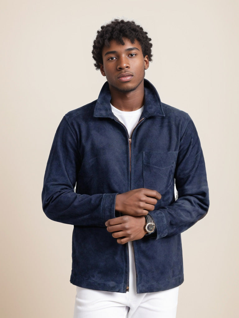 Men’s Suede Jacket – Slim Fit – Zipper Front – Stand Collar – Hip Length Casual Layer