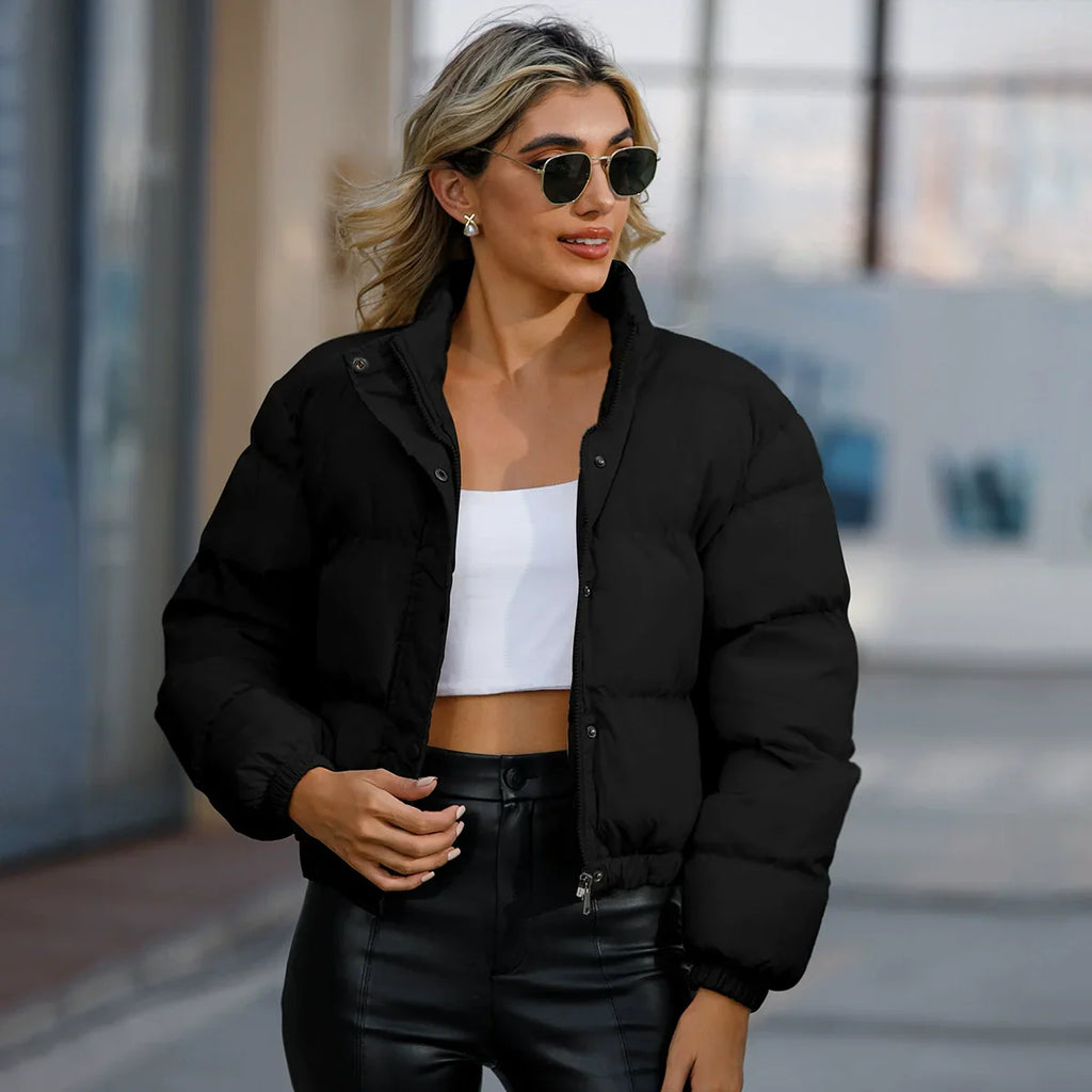 Women’s Puffer Jacket – Oversized Fit – Cropped Length – High Collar – Quilted Warm Design