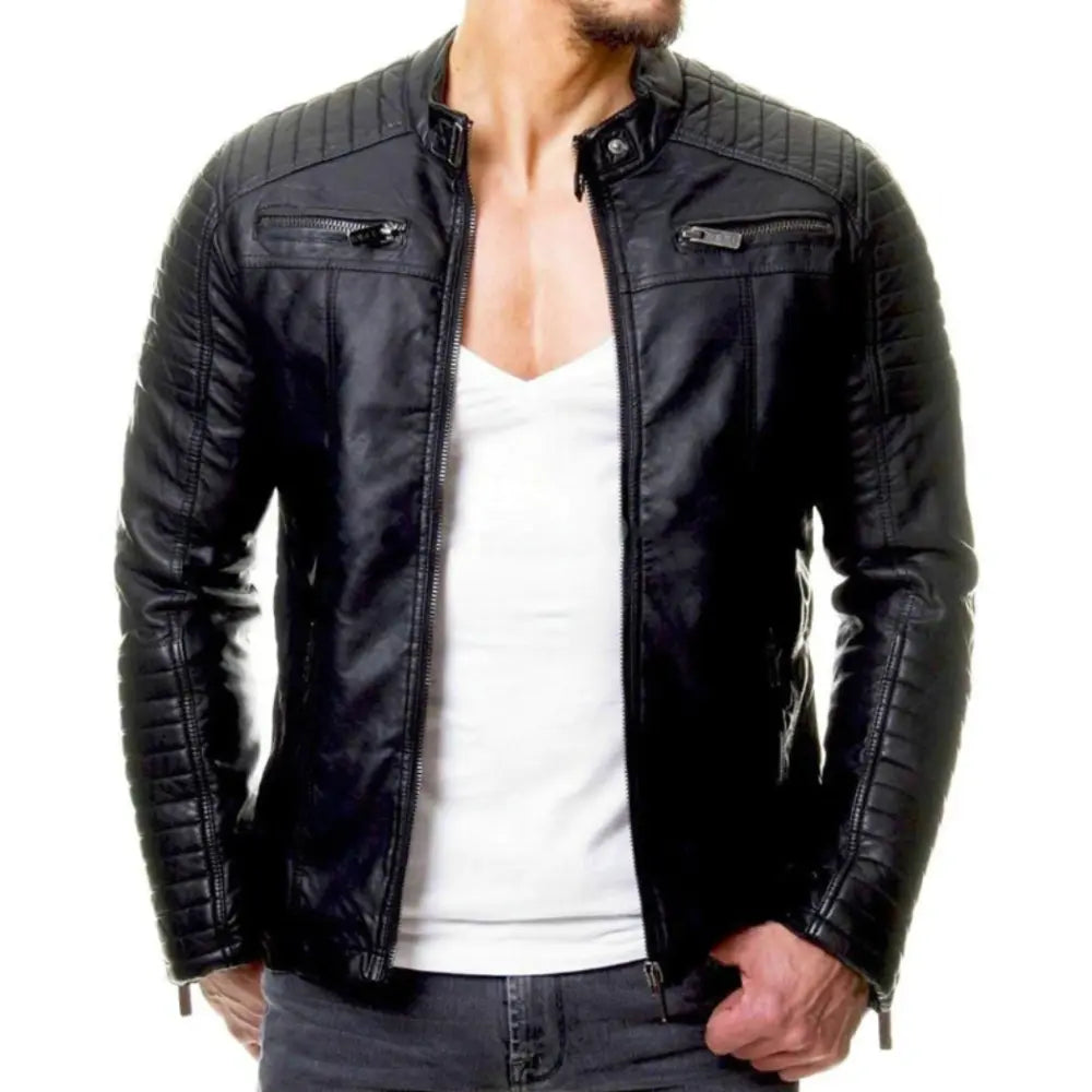Men’s Faux Leather Jacket - Slim Fit - Stand Collar - Zipper Closure - Stylish Design