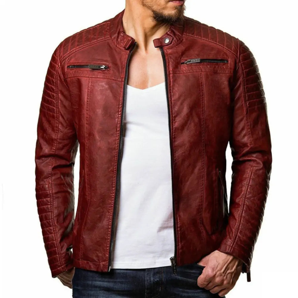 Men’s Faux Leather Jacket - Slim Fit - Stand Collar - Zipper Closure - Stylish Design