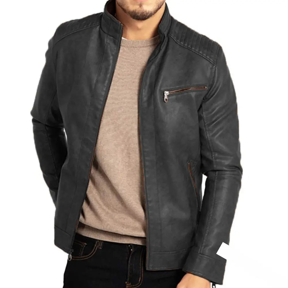 Men’s Faux Leather Jacket - Slim Fit - Stand Collar - Zipper Closure - Stylish Design