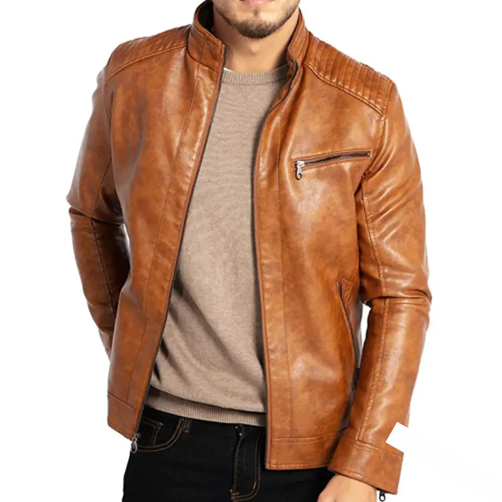 Men’s Faux Leather Jacket - Slim Fit - Stand Collar - Zipper Closure - Stylish Design