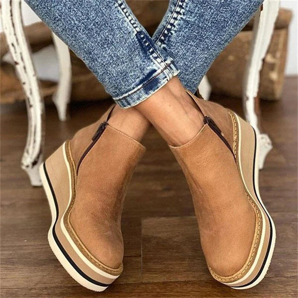 Women’s Ankle Boots – Leather Look – Slip-On – Elastic Panel – Chunky Platform Sole