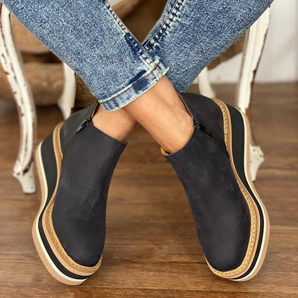 Women’s Ankle Boots – Leather Look – Slip-On – Elastic Panel – Chunky Platform Sole