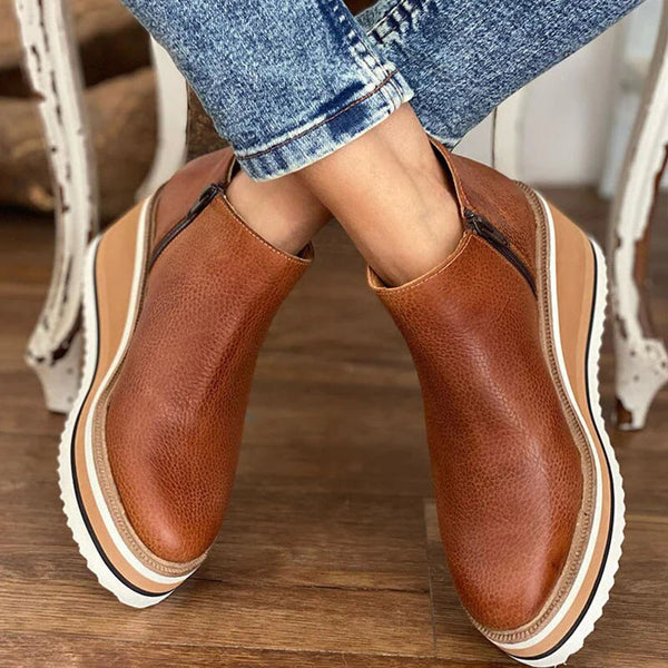 Women’s Ankle Boots – Leather Look – Slip-On – Elastic Panel – Chunky Platform Sole