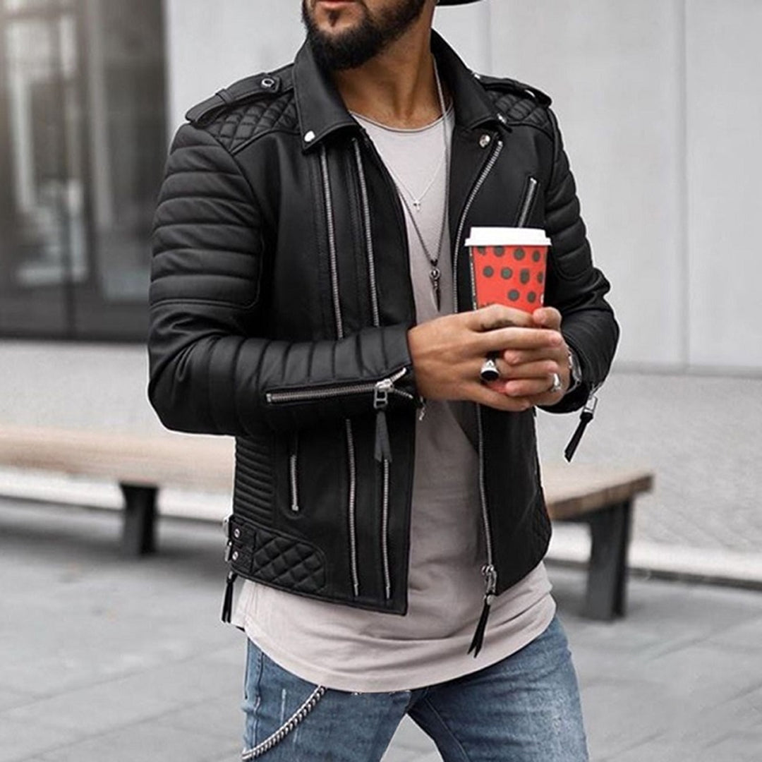 Men’s Quilted Leather Biker Jacket – Fitted Design – Snap-Tab Collar – Zipper Details