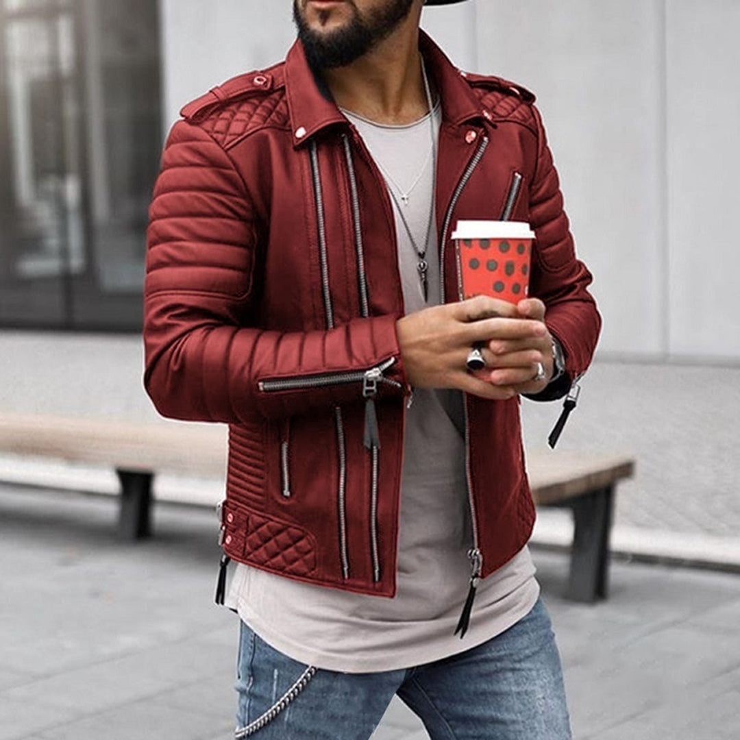 Men’s Quilted Leather Biker Jacket – Fitted Design – Snap-Tab Collar – Zipper Details