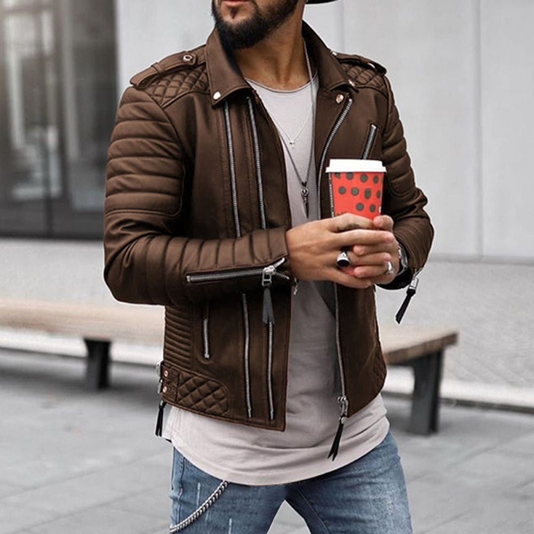 Men’s Quilted Leather Biker Jacket – Fitted Design – Snap-Tab Collar – Zipper Details