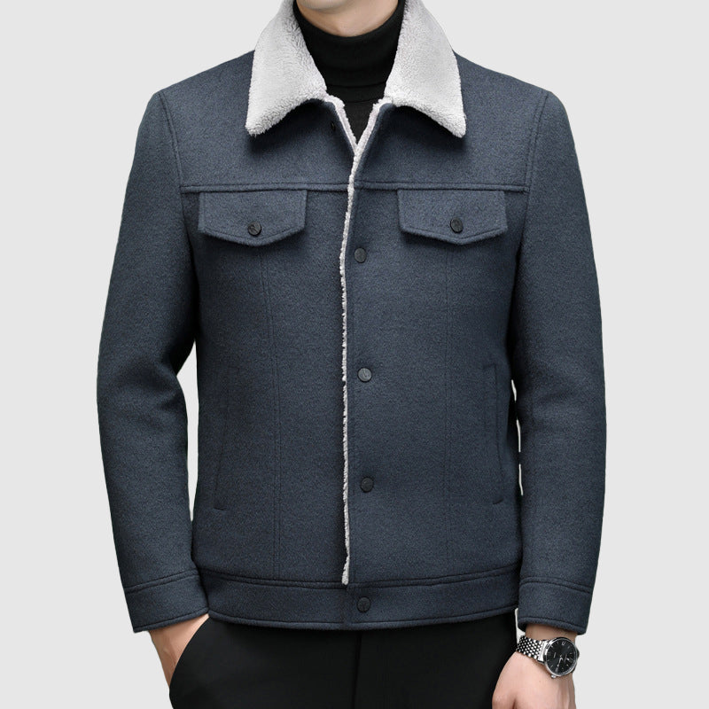 Men’s Jacket – Regular Fit – Sherpa Lined – Wool Look – Fleece Collar – Button Front