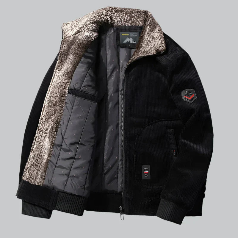 Men’s Corduroy Jacket – Quilted Lining – Faux Fur Collar – Ribbed Cuffs & Hem