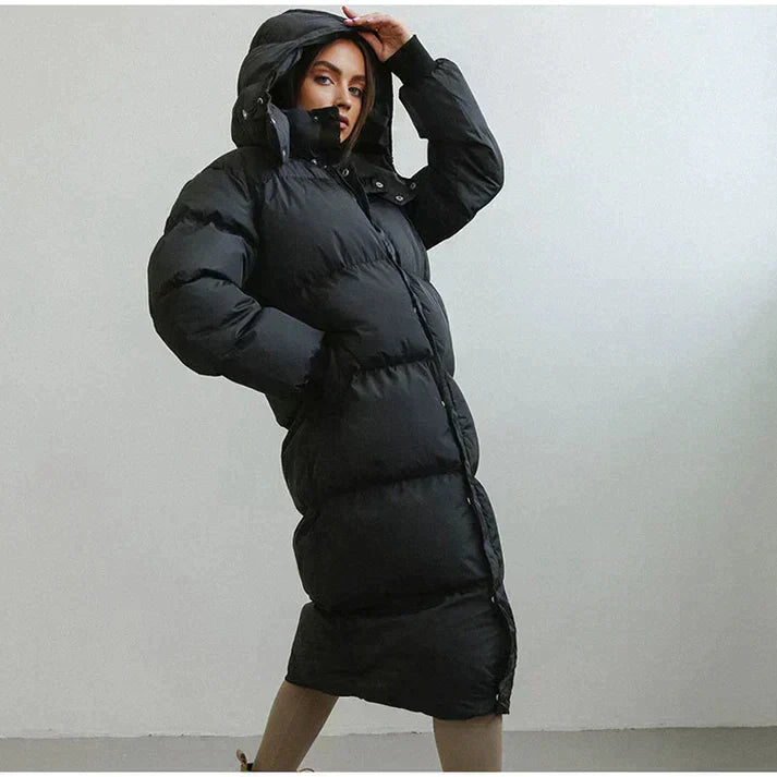 Women’s Long Puffer Jacket – Oversized Fit – Hooded – Quilted Weather-Resistant Warmth
