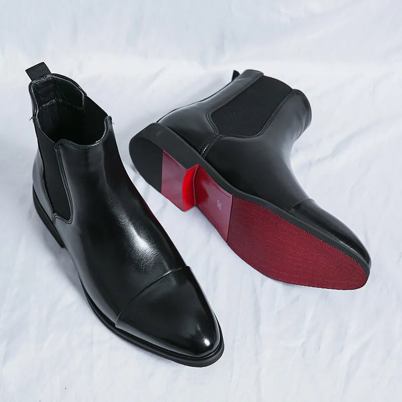 High-top pointed toe leather boots for men