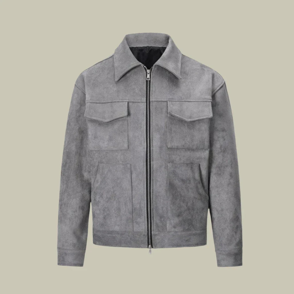 Men's Jacket – Oversized Fit – Suede – Full Zip – Wide Collar – Flap Pockets