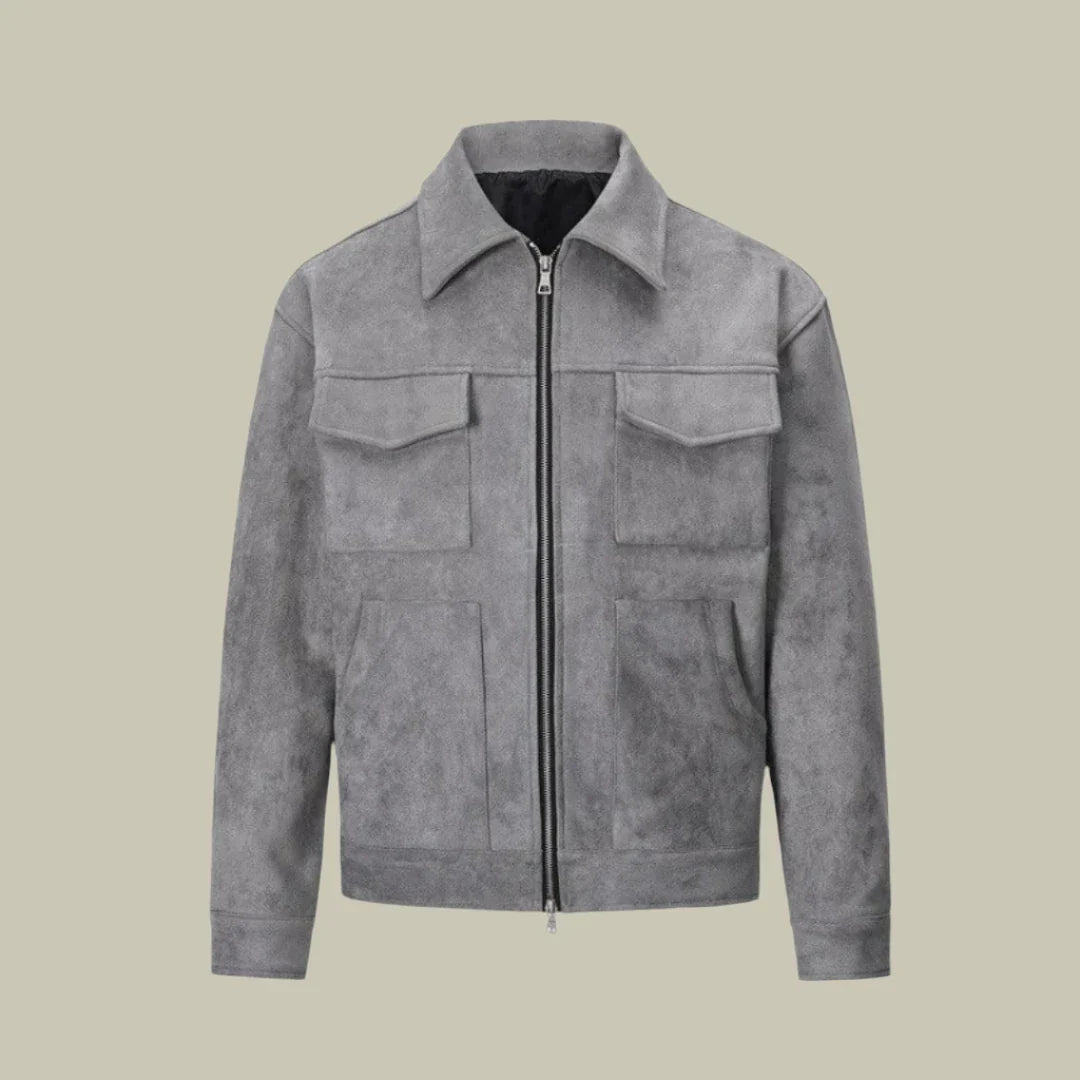 Men's Jacket – Oversized Fit – Suede – Full Zip – Wide Collar – Flap Pockets
