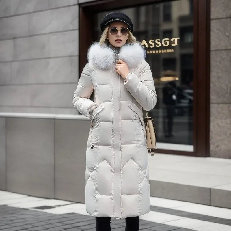 Women’s Long Quilted Jacket – Faux Fur Collar – Hooded – Fitted Warm Design