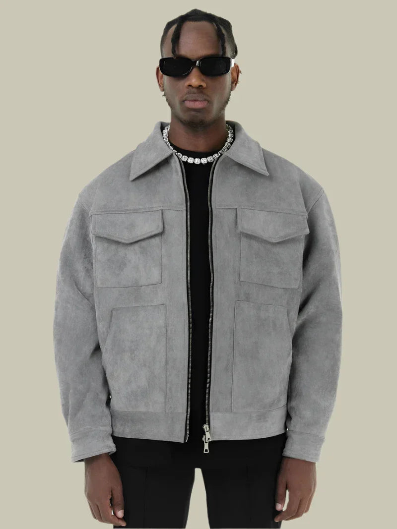 Men's Jacket – Oversized Fit – Suede – Full Zip – Wide Collar – Flap Pockets