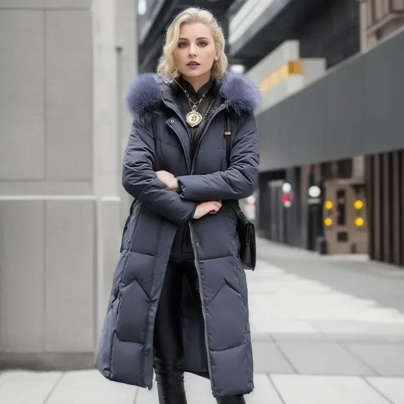Women’s Long Quilted Jacket – Faux Fur Collar – Hooded – Fitted Warm Design