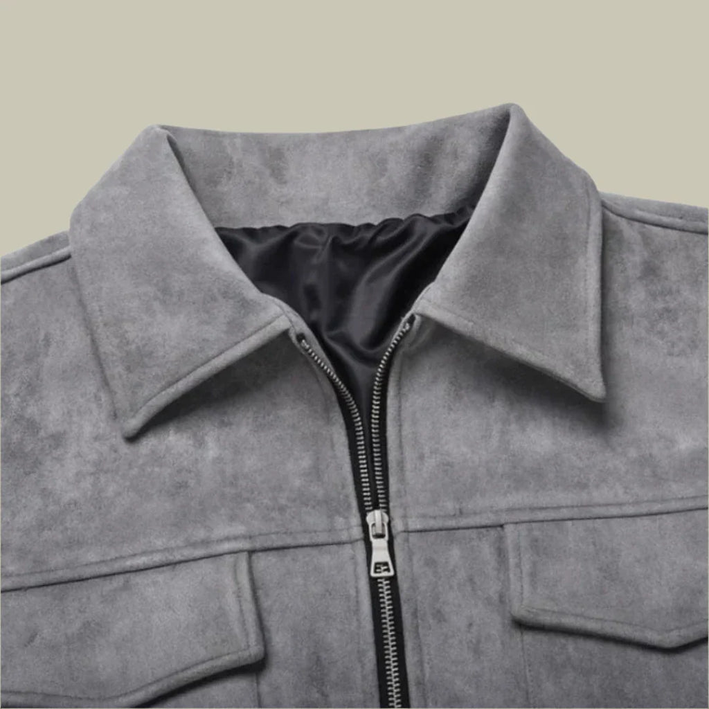Men's Jacket – Oversized Fit – Suede – Full Zip – Wide Collar – Flap Pockets