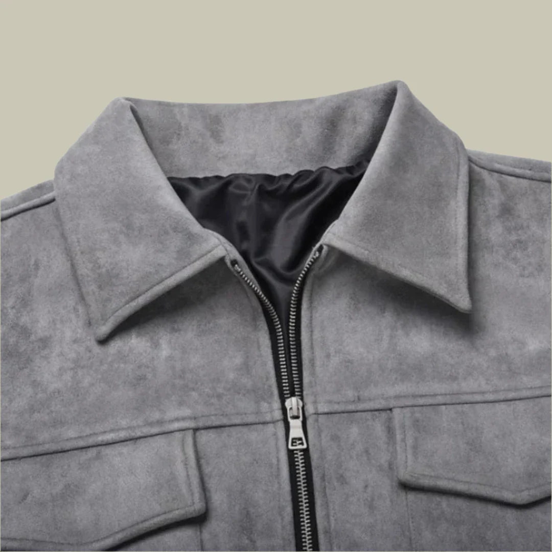 Men's Jacket – Oversized Fit – Suede – Full Zip – Wide Collar – Flap Pockets