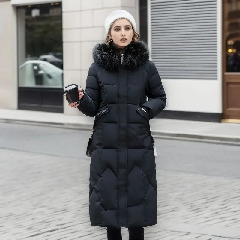 Women’s Long Quilted Jacket – Faux Fur Collar – Hooded – Fitted Warm Design