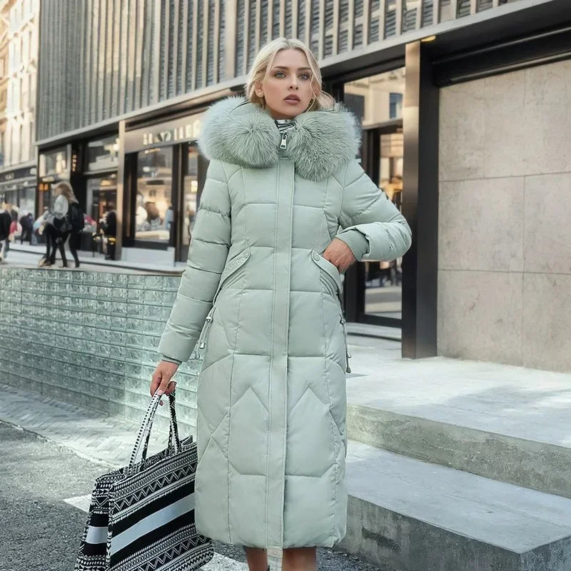 Women’s Long Quilted Jacket – Faux Fur Collar – Hooded – Fitted Warm Design