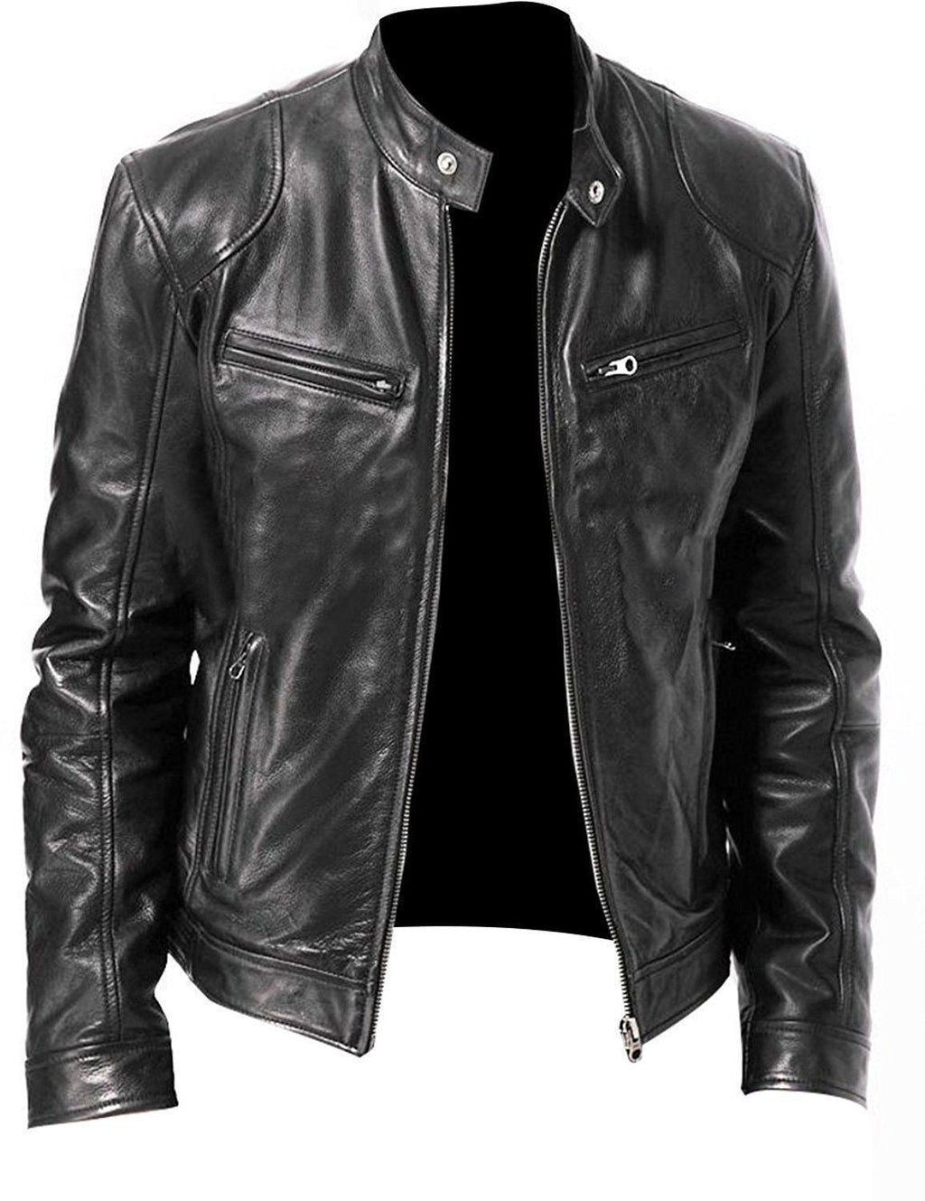 Men's Leather Jacket - Fitted Design - Stand Collar - Zip Closure - Stylish & Durable