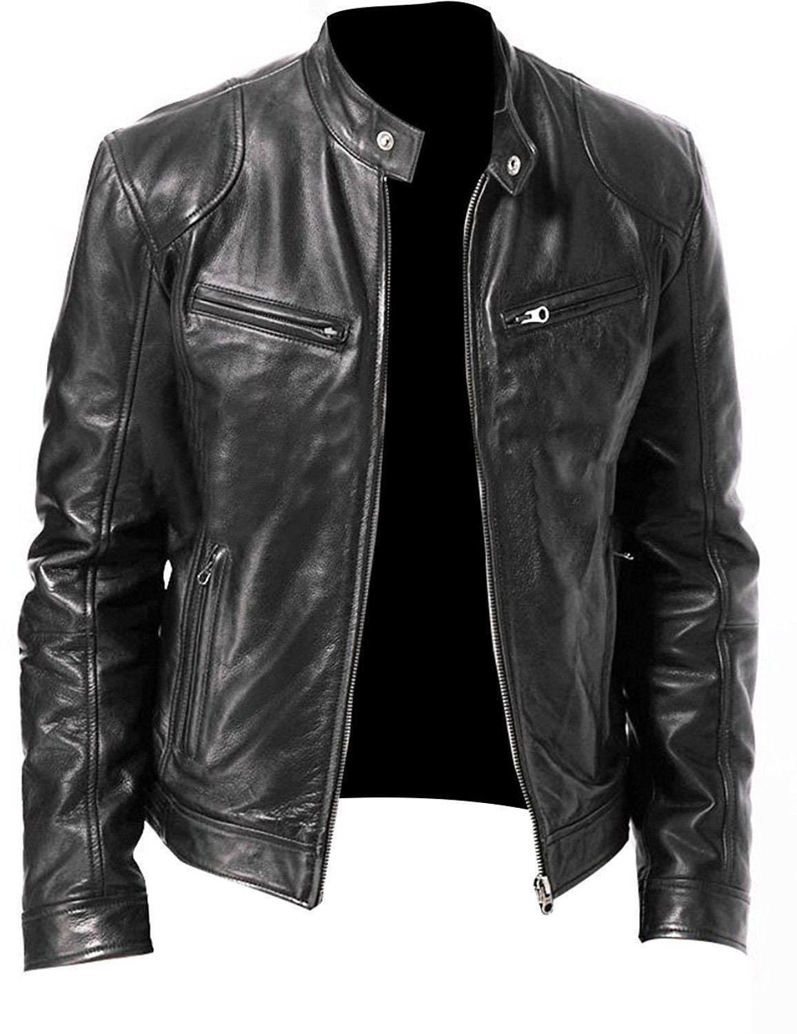 Men's Leather Jacket - Fitted Design - Stand Collar - Zip Closure - Stylish & Durable
