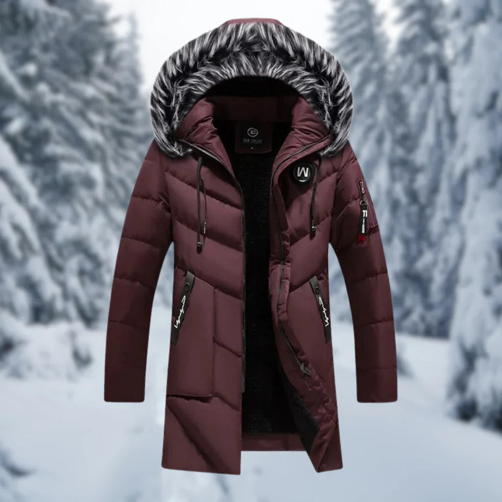 Men’s Quilted Jacket – Oversized Fit – Faux Fur Hood – Mid-Length – Zipper Pockets