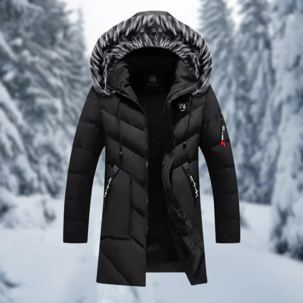 Men’s Quilted Jacket – Oversized Fit – Faux Fur Hood – Mid-Length – Zipper Pockets
