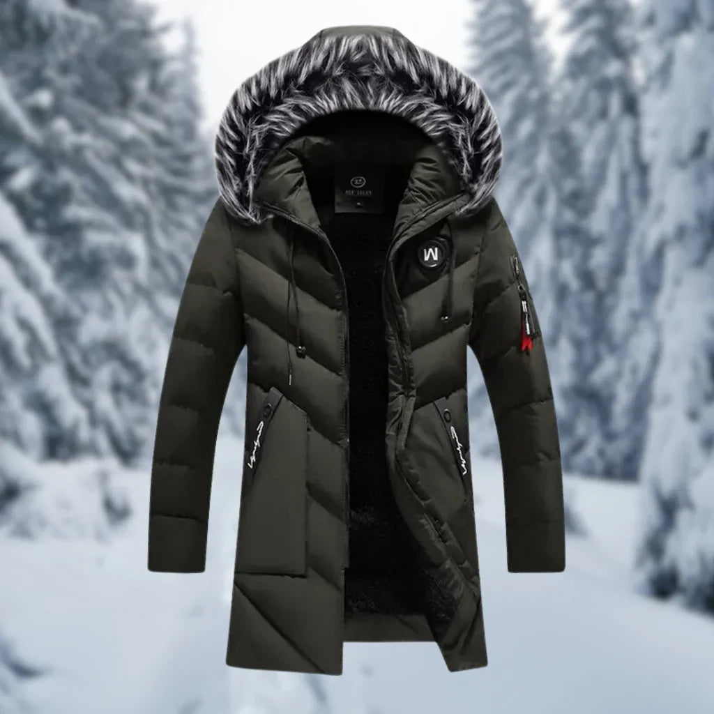 Men’s Quilted Jacket – Oversized Fit – Faux Fur Hood – Mid-Length – Zipper Pockets