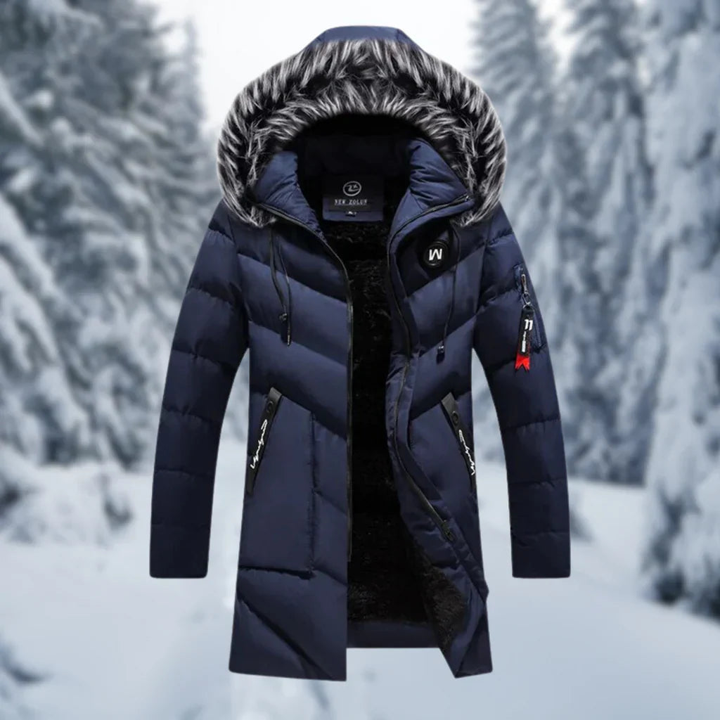 Men’s Quilted Jacket – Oversized Fit – Faux Fur Hood – Mid-Length – Zipper Pockets