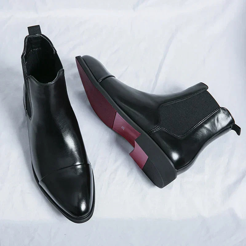High-top pointed toe leather boots for men