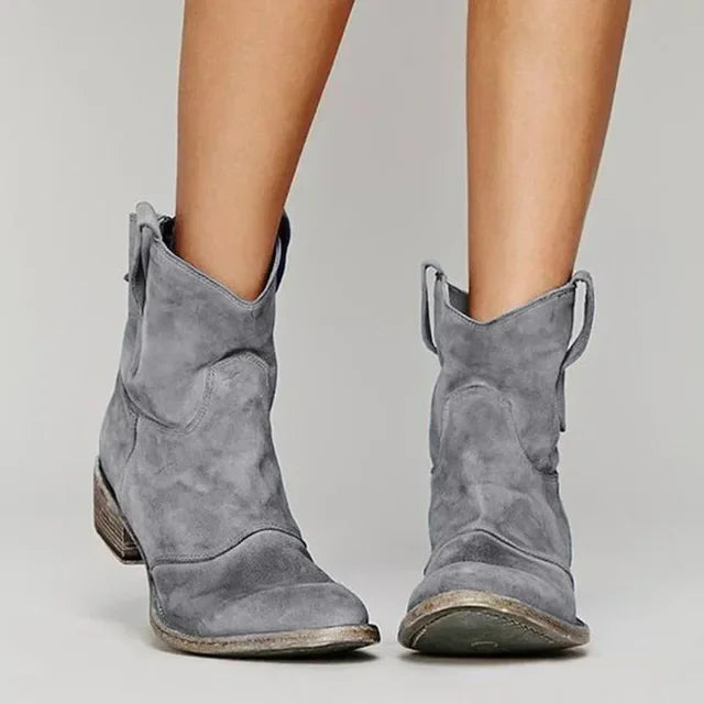 Women’s Ankle Boots – Suede – Low Heel – Vintage Style – Western Toe – Pull Tabs