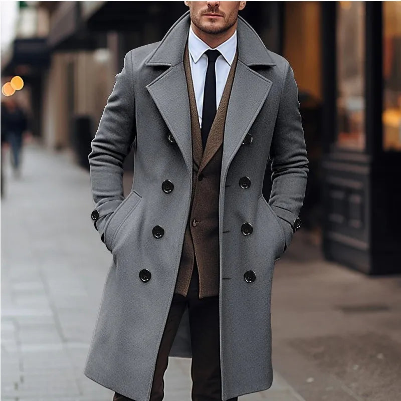 Men’s Trench Coat – Wool – Double-Breasted – Tailored Fit – Formal Long Overcoat