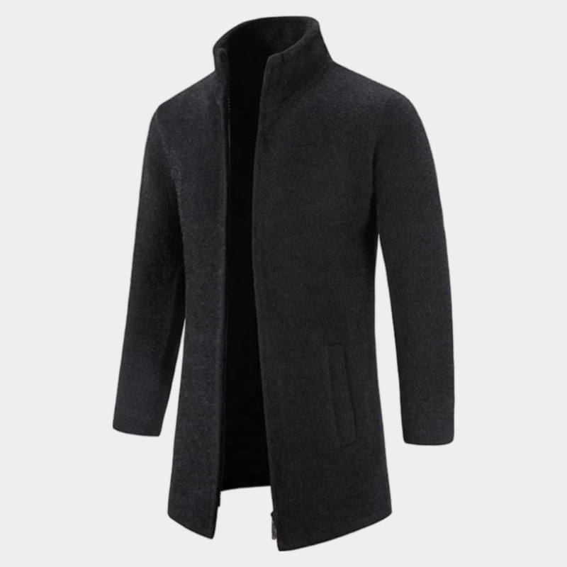 Men’s Long Coat – Wool Blend – Classic Fit – Full Length – High Collar – Structured Design