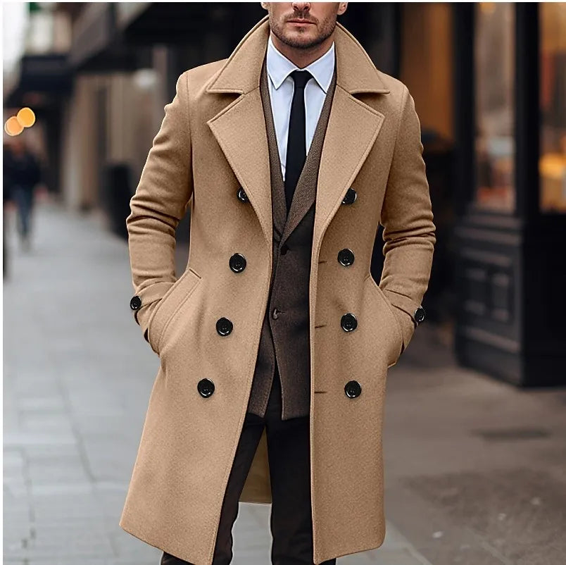 Men’s Trench Coat – Wool – Double-Breasted – Tailored Fit – Formal Long Overcoat