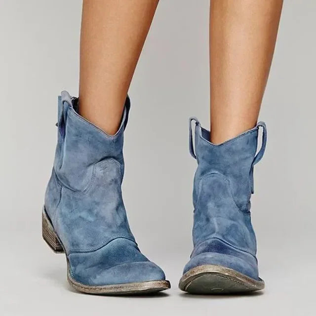 Women’s Ankle Boots – Suede – Low Heel – Vintage Style – Western Toe – Pull Tabs