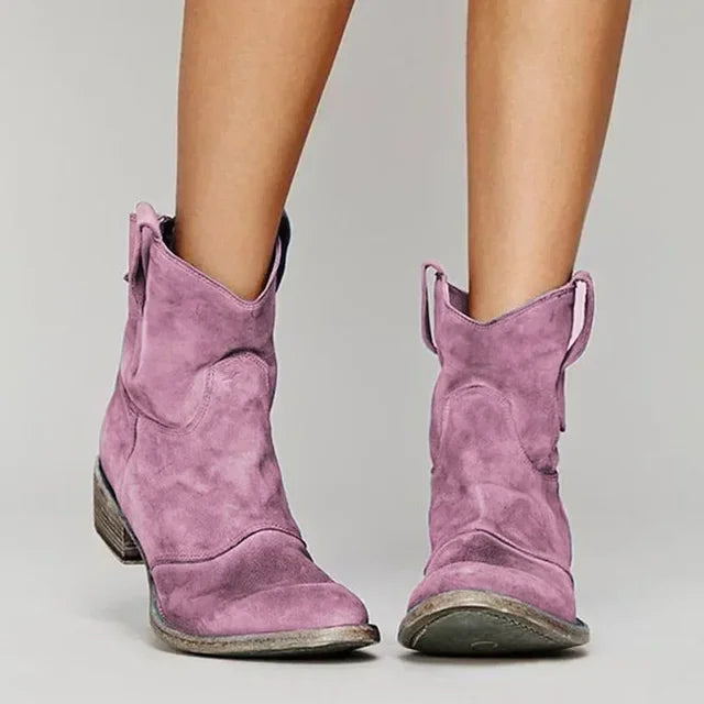 Women’s Ankle Boots – Suede – Low Heel – Vintage Style – Western Toe – Pull Tabs
