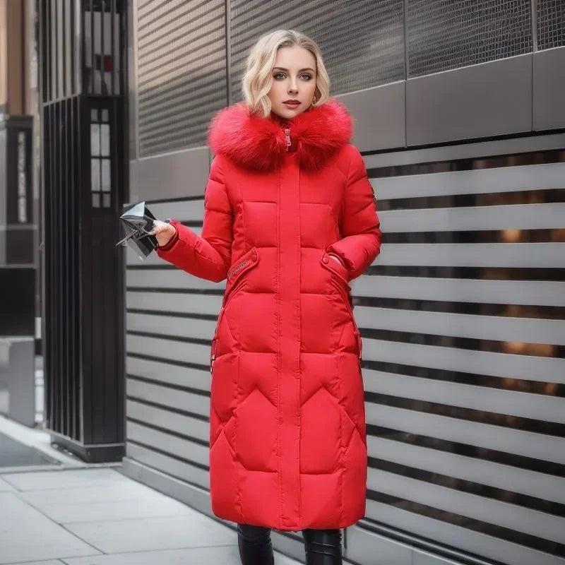 Women’s Long Quilted Jacket – Faux Fur Collar – Hooded – Fitted Warm Design