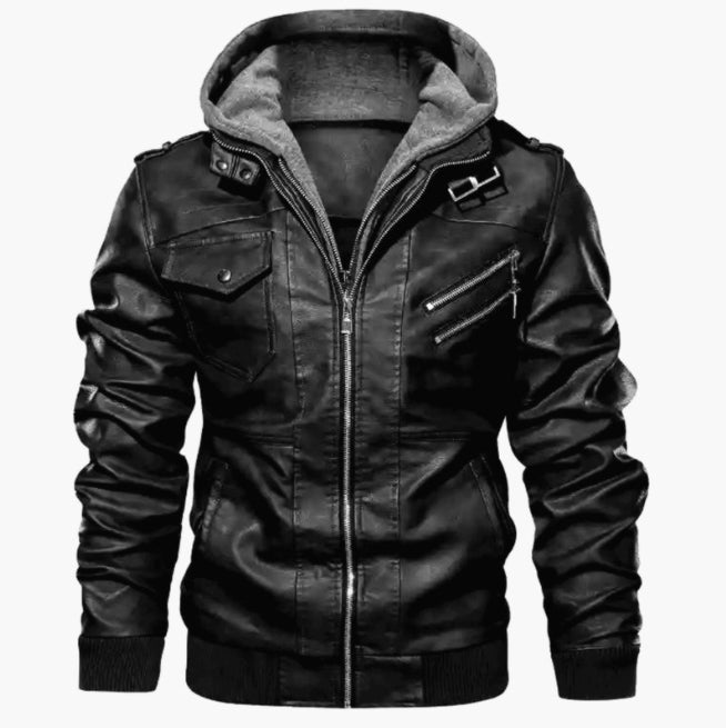 Men’s Leather Jacket – Slim Fit – Hooded – Zipper Front – Multi Pocket – Ribbed Trim