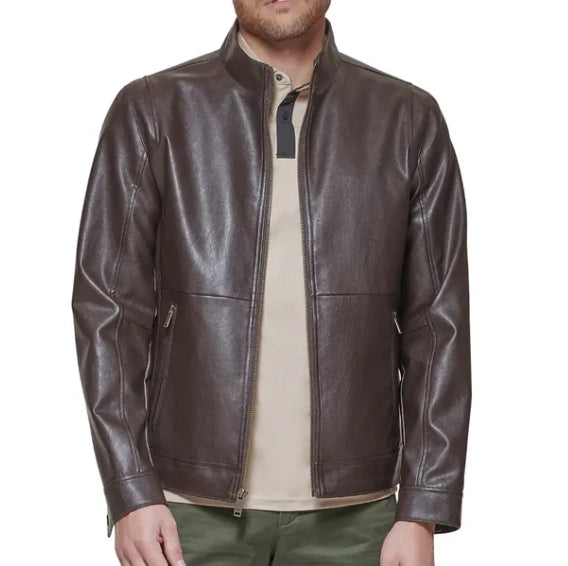 Men’s Jacket – Regular Fit – Faux Leather Look – Band Collar – Zippered Pockets