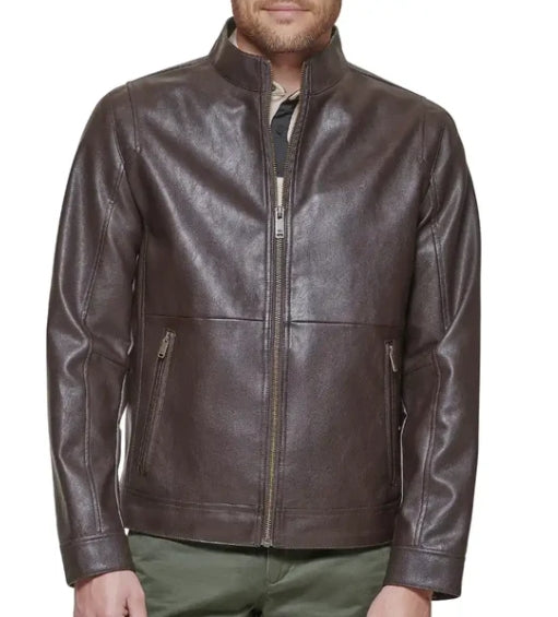 Men’s Jacket – Regular Fit – Faux Leather Look – Band Collar – Zippered Pockets